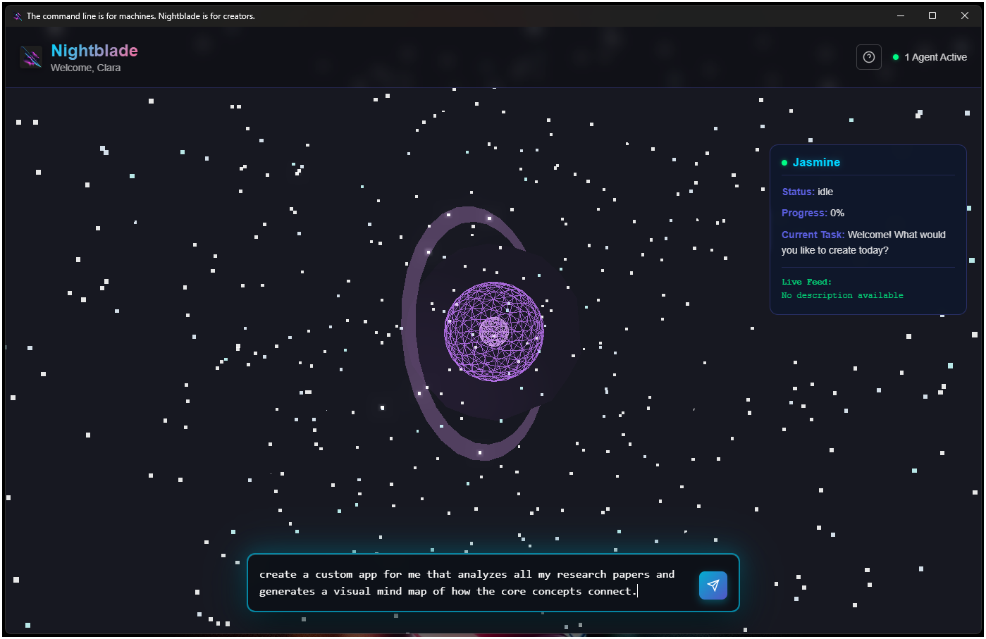 Nightblade application interface showing an AI agent named Jasmine.